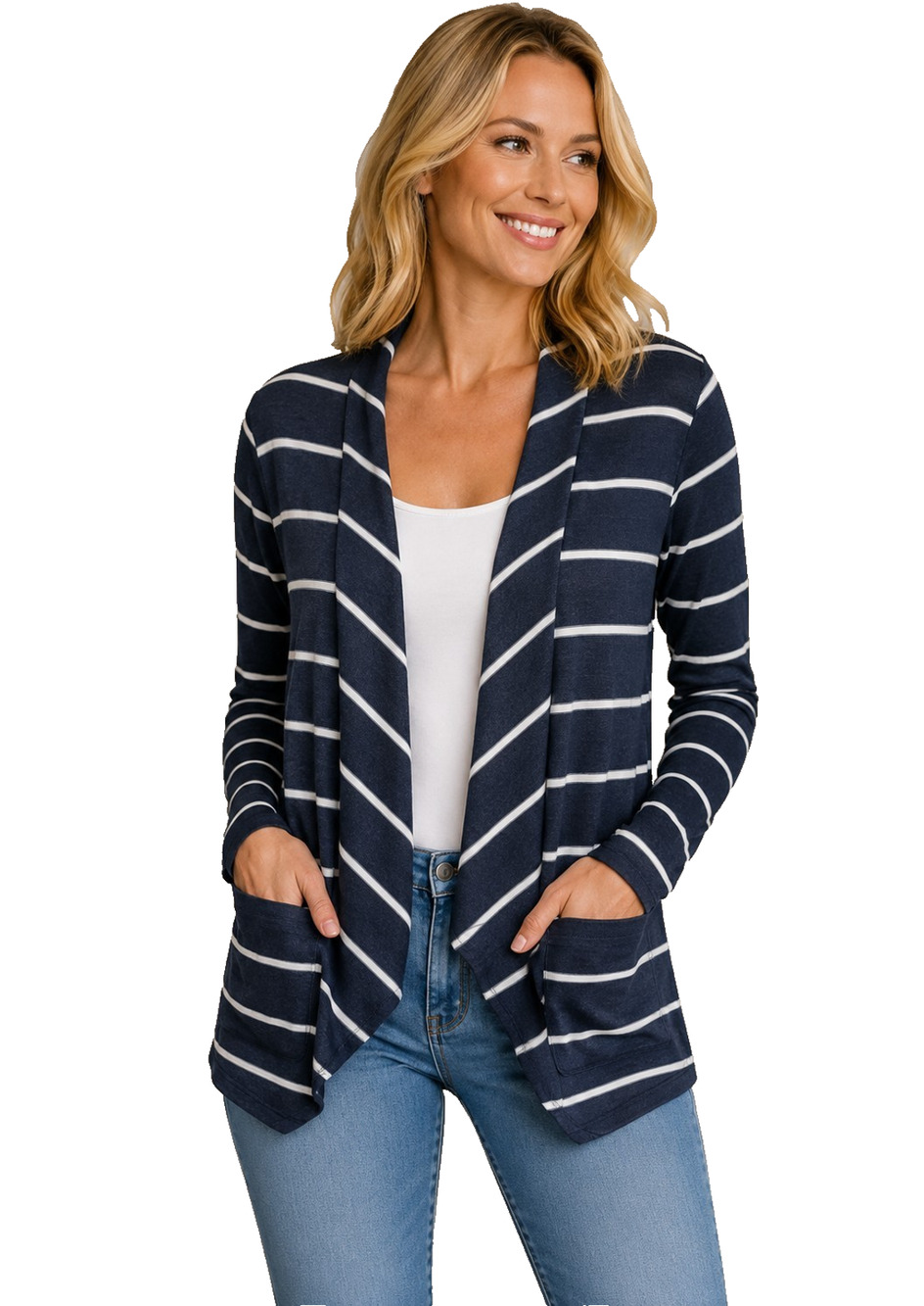 Chaser Small Navy White Stripe Open Front Wrap Cardigan Long Sleeve Pockets NWT